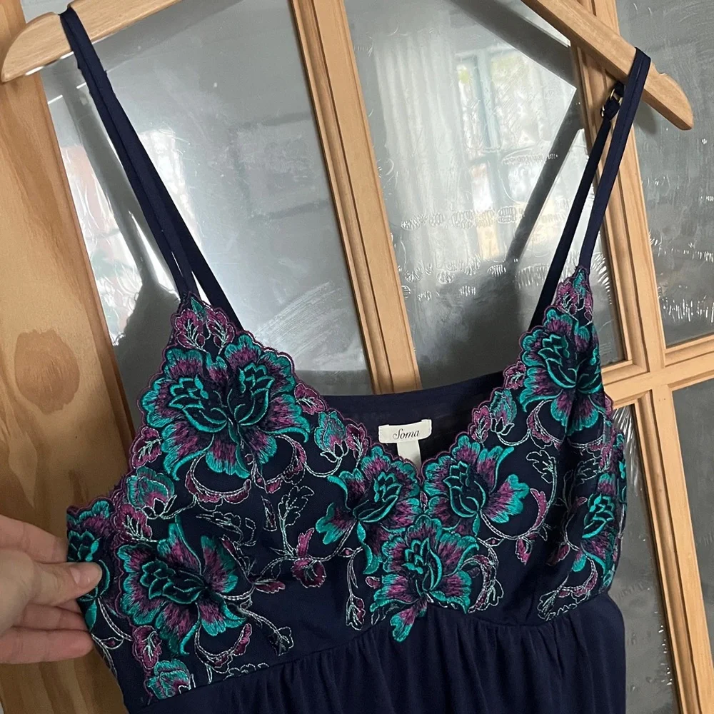 Soma Floral Embroidered Nightie Slip Dress Women's L Mesh Trim Padded Coquette - Picture 2 of 8